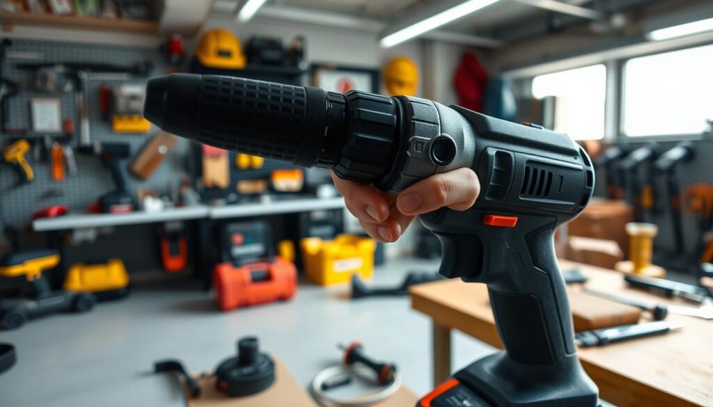 A well-lit, high-angle view of a professional-grade power drill in the foreground, showcasing its ergonomic design and safety features. In the middle ground, a person's hands are gripping the drill, demonstrating proper handling techniques with a focus on safety. The background depicts a clean, organized workshop setting, with various power tools and safety equipment visible, creating an atmosphere of responsible and informed tool usage.