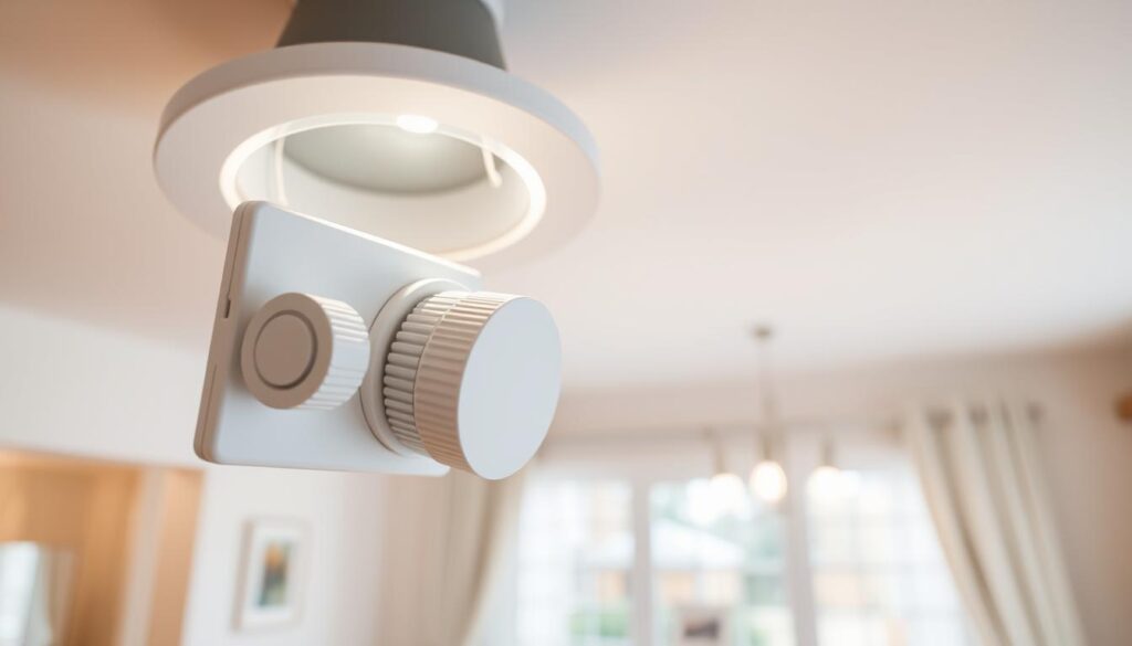 A well-lit, high-angle view of a recessed lighting fixture with a dimmer switch being installed. The dimmer switch is in the foreground, with its knob and faceplate clearly visible, showcasing the installation process. The recessed light housing is in the middle ground, partially exposed, providing context. The background is filled with a clean, uncluttered, and softly lit domestic interior, suggesting a modern, tasteful home setting. The overall scene conveys a sense of precision, focus, and attention to detail in the installation process.