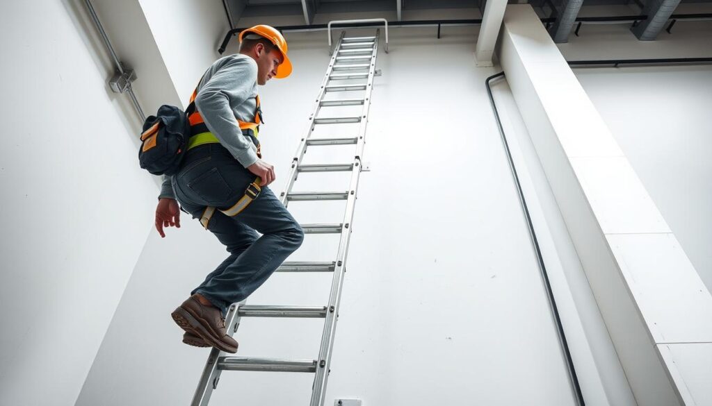 A well-lit, high-angle view of a technician carefully ascending a sturdy aluminum ladder, wearing a hard hat and safety harness. The ladder is securely anchored to the ground, with non-slip treads and side rails extending above the work platform. The technician's posture is upright and attentive, demonstrating proper ladder climbing techniques. The background features a clean, minimalist industrial setting, emphasizing the importance of safety in a professional work environment.