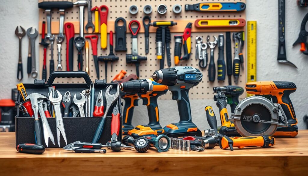 A well-lit, high-quality image of a basic home tool kit arranged neatly on a wooden workbench. In the foreground, a sturdy toolbox with an assortment of essential hand tools - screwdrivers, pliers, hammers, and a utility knife - all gleaming with a polished finish. In the middle ground, a selection of power tools including a cordless drill, an oscillating multi-tool, and a circular saw, their sleek modern designs conveying reliability and durability. The background features a wall-mounted pegboard displaying a variety of other useful tools - wrenches, sockets, tape measures, and a level - creating a sense of a comprehensive and organized workshop. The overall scene exudes a feeling of functionality, practicality, and the confidence a well-equipped DIY enthusiast would have when tackling common home repairs.