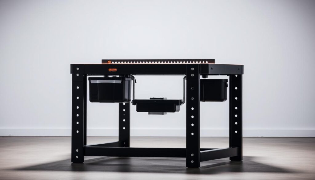 A well-lit, high-quality photograph of a Black+Decker Workbench showcasing its key features. The workbench stands prominently in the foreground, its sturdy construction and sleek design highlighted by soft, diffused lighting. The middle ground reveals the workbench's adjustable height, spacious work surface, and integrated storage compartments. In the background, a clean, uncluttered setting allows the workbench's functionality to take center stage. The overall mood is one of professional-grade quality, precision, and attention to detail - perfectly suited for evaluating the workbench's performance and features.