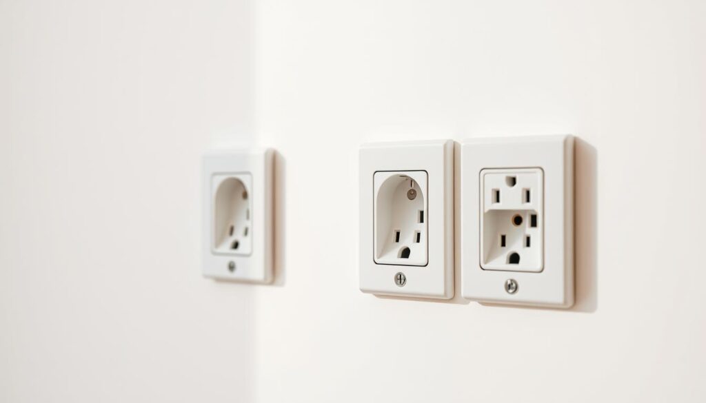 A well-lit, high-quality photograph of several electrical outlets in a modern UK home interior. The outlets are mounted flush against a clean, white wall. The foreground features a close-up view of the outlets, showcasing their design and safety features. The middle ground depicts the surrounding wall with a natural, soft lighting that illuminates the outlets' details. The background provides a subtle, uncluttered context, allowing the outlets to be the focal point. The overall atmosphere conveys a sense of order, safety, and functionality, suitable for illustrating the importance of upgrading old electrical outlets in a home.