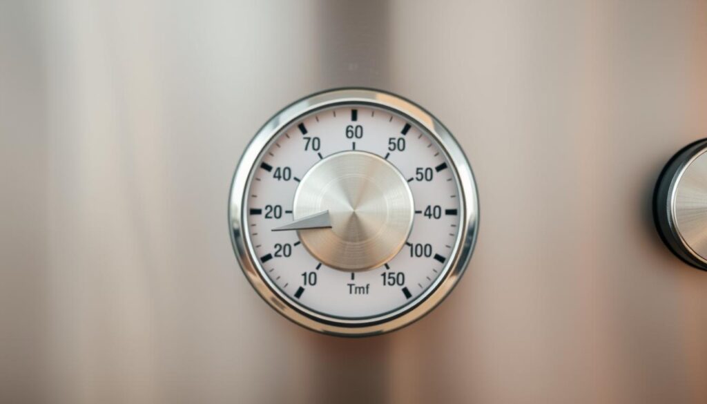 A well-lit, high-resolution close-up image of an oven temperature dial, with a clean, modern design and neutral color scheme. The dial should be positioned at the center of the frame, with a clear and legible temperature scale ranging from 100 to 500 degrees Fahrenheit. The dial's needle should be pointing to a specific temperature, suggesting the process of calibration or adjustment. The background should be a simple, uncluttered surface, such as a stainless steel or matte black kitchen appliance, to emphasize the focus on the temperature dial. The lighting should be soft and even, creating a crisp, detailed rendering of the dial's features and markings.