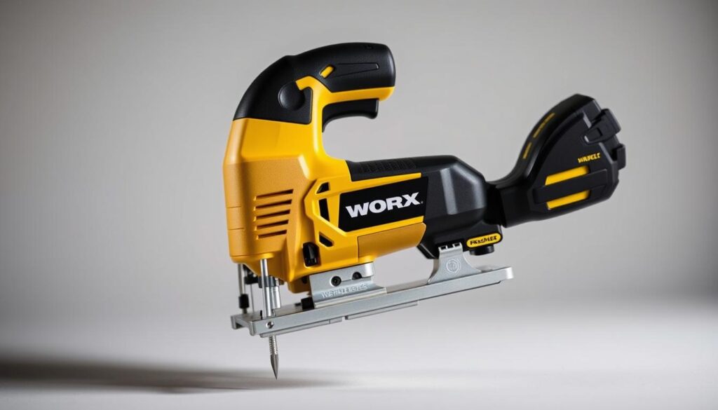 A well-lit, high-resolution close-up photograph of the Worx WX550 cordless jigsaw, showcasing its sleek black and yellow color scheme, ergonomic handle design, and various control buttons and switches. The jigsaw is positioned on a clean, neutral background, allowing the tool's features and capabilities to be the central focus. Carefully captured details include the blade guard, adjustable base plate, and the powerful brushless motor visible through the transparent dust canister. The image conveys the rugged durability and precision performance of this cordless power tool, suitable for professional woodworking and DIY projects.