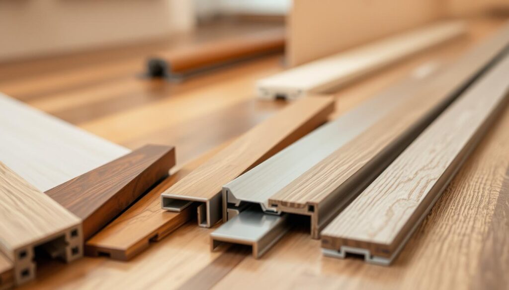 A well-lit, high-resolution close-up shot of various threshold strips for different flooring types, showcasing their unique designs, materials, and profiles. The foreground features a range of threshold strips in diverse finishes such as wood, metal, and vinyl, neatly arranged to highlight their distinctive shapes and textures. The middle ground presents the strips in context, seamlessly transitioning between different flooring surfaces like hardwood, tile, and laminate. The background is subtly blurred, keeping the focus on the threshold strips and their functional purpose. The overall lighting is soft and natural, emphasizing the details and accentuating the materials. The angle is slightly elevated, providing a clear, informative view of the threshold strips.