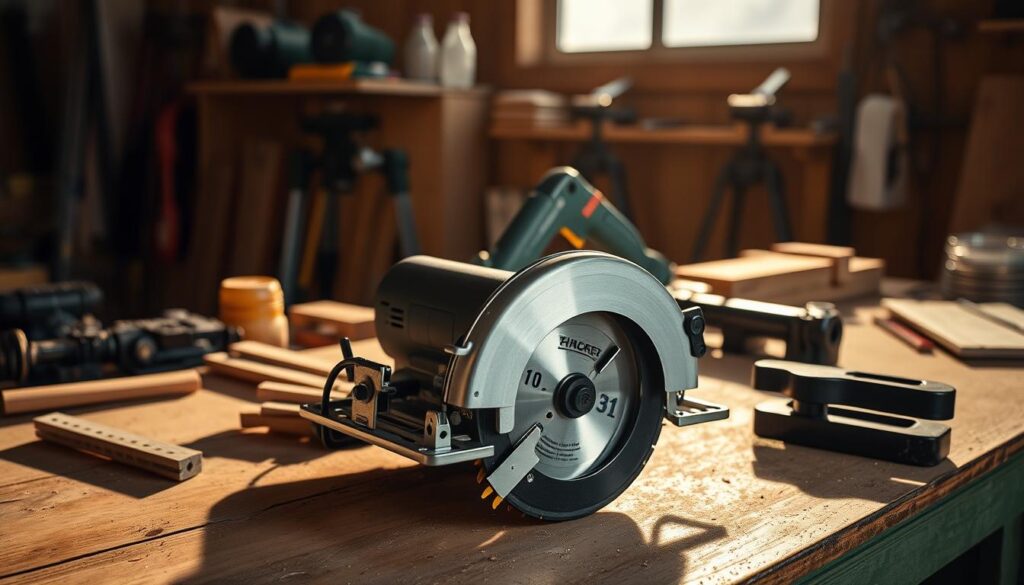 A well-lit, high-resolution image of a compact circular saw being tested in a controlled environment. The saw is positioned on a sturdy workbench, with various tools and materials arranged around it. The scene is captured from a slightly elevated angle, showcasing the saw's compact design and intricate components. Soft shadows cast by the saw and surrounding objects create depth and dimensionality. The lighting is a combination of natural daylight and warm, focused studio lighting, highlighting the saw's sleek metallic finish. The overall atmosphere conveys a sense of precision, attention to detail, and the rigorous testing process essential for evaluating the saw's performance and durability.