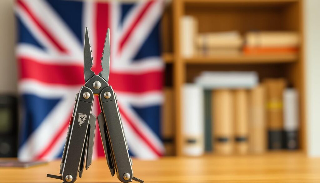 A well-lit, high-resolution image of a multi-tool against a blurred background showcasing the UK national flag. The multi-tool is positioned in the foreground, with its various tools and components clearly visible. The middle ground features a bookshelf or similar office setting, hinting at the legal and regulatory context. The background is softly blurred, creating a sense of depth and focus on the multi-tool. The lighting is warm and natural, emphasizing the detailed textures and materials of the multi-tool. The overall mood is one of professionalism and authority, reflecting the legal considerations surrounding the use of multi-tools in the UK.