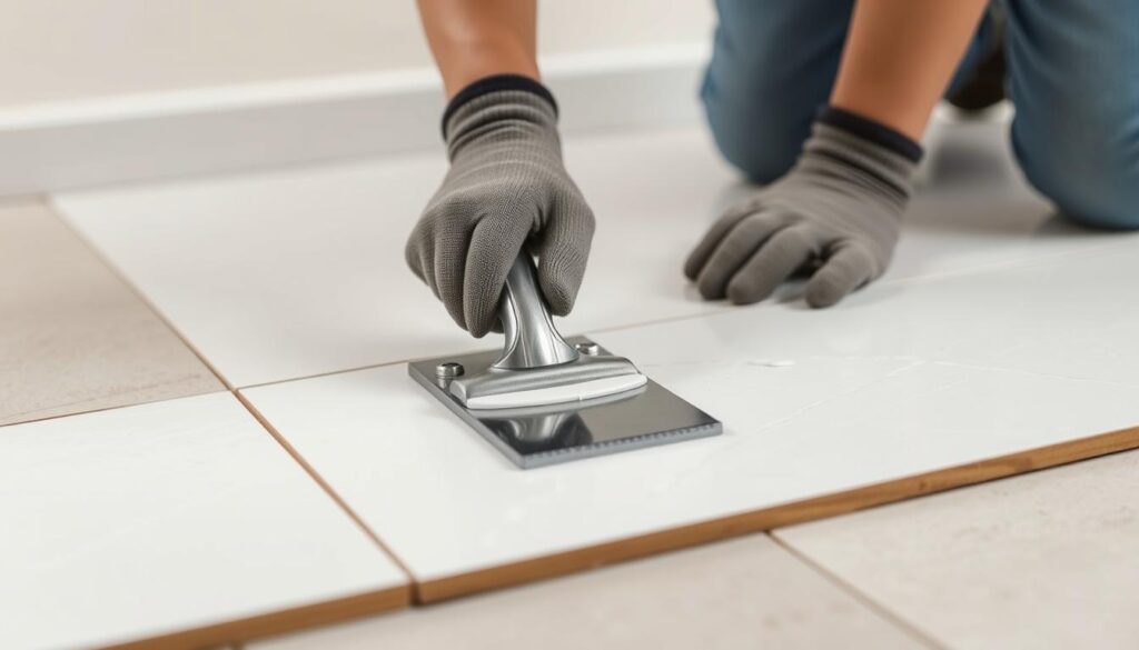 A well-lit, high-resolution image of a person applying tile adhesive to a surface, shown in a close-up view. The person is wearing protective gloves and kneeling on the floor, using a notched trowel to spread the adhesive evenly across the surface. The adhesive has a smooth, creamy texture and the person is working with focus and precision. The background is clean and uncluttered, allowing the viewer to concentrate on the tiling process. The image conveys a sense of technical expertise and attention to detail, suitable for illustrating the installation process in a step-by-step guide on replacing a broken tile.