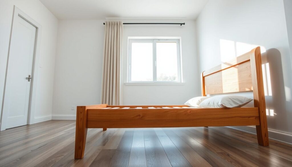 A well-lit, high-resolution image of a wooden bed frame in a spacious, minimalist bedroom. The frame is shown in profile, with a focus on the joints and connections between the frame components. Soft, natural lighting from a large window illuminates the frame, highlighting the grain and texture of the wood. The camera angle is low, providing a detailed view of the frame's structure. The image conveys a sense of care and attention to maintenance, with the goal of showcasing the steps involved in tightening loose bed frame joints for long-lasting durability.