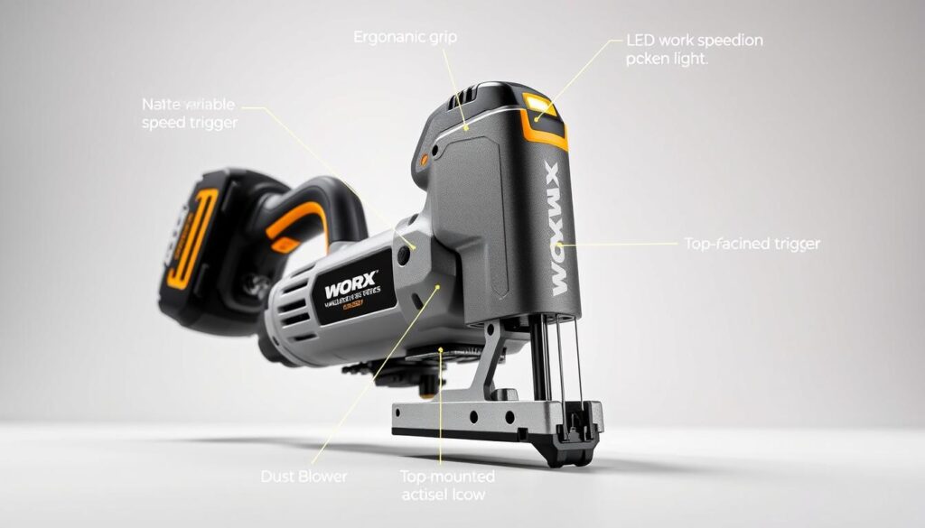 A well-lit, high-resolution image of the Worx WX550 cordless jigsaw showcasing its key features. The jigsaw is positioned in the center of the frame, with a focus on its ergonomic grip, variable speed trigger, LED work light, and dust blower. The background is a clean, neutral studio setting, allowing the jigsaw to take center stage. The lighting is soft and diffused, highlighting the tool's sleek, modern design. The angle captures the jigsaw at a slightly elevated perspective, providing a clear view of its top-mounted dust port and orbital action selector. The image conveys the precision, power, and versatility of the Worx WX550 cordless jigsaw.