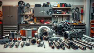 A well-lit, high-resolution photograph of a garage workshop showcasing various quality car parts laid out on a clean workbench. In the foreground, several automotive components such as spark plugs, oil filters, and brake pads are neatly arranged. In the middle ground, a selection of high-performance engine parts, including a turbocharger and a set of performance camshafts, are prominently displayed. The background features a wall-mounted tool cabinet and shelves stocked with an assortment of specialized tools, creating an atmosphere of a professional, well-equipped auto parts sourcing facility. The lighting is warm and directional, highlighting the textures and details of the parts, conveying a sense of quality and craftsmanship.
