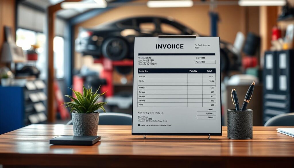 A well-lit, high-resolution photograph of a professional auto repair invoice displayed on a wooden desk. The invoice has a clean, minimalist design with clear sections for vehicle information, labor costs, parts used, and the total amount due. The desk is positioned in a warm, inviting office setting, with a potted plant and a pen holder in the foreground. The background features a blurred, soft-focused view of a garage workshop, suggesting the context of the repair work. The overall atmosphere conveys a sense of order, attention to detail, and professionalism.