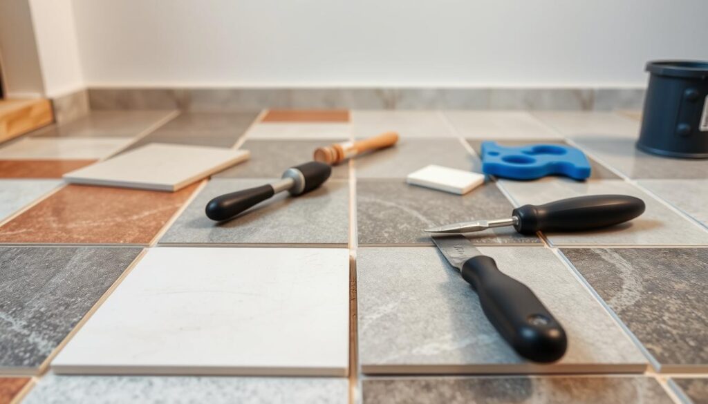 A well-lit, high-resolution photograph of a tile replacement surface, featuring a clean, organized workspace with various tools and materials laid out. The foreground showcases a selection of replacement tiles in different colors and textures, arranged neatly. The middle ground displays a trowel, grout float, and other essential tools needed for the tile replacement process. The background offers a clear, uncluttered view of the workspace, with a clean, neutral-colored wall or floor as the backdrop, creating a sense of focus and attention to detail.