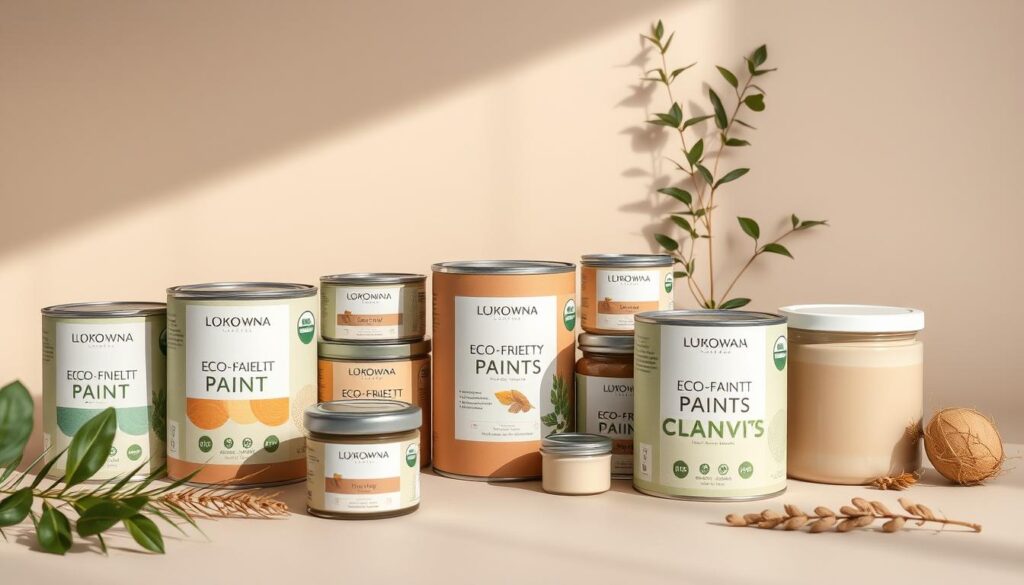 A well-lit, high-resolution photograph of a variety of eco-friendly paint cans and jars arranged on a neutral-colored background. The paints should feature organic, natural-looking labels and packaging, showcasing a range of earthy, muted color tones. The composition should be balanced and visually appealing, with the paints taking up the majority of the frame. Subtle hints of environmental elements, such as plants or natural textures, may be included in the background to reinforce the eco-friendly theme. The lighting should be soft and diffused, highlighting the materiality and sustainability of the paint products.