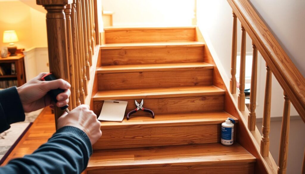 A well-lit, high-resolution photograph of a wooden staircase, showing the side and back view. The stairs are squeaky and in need of repair. In the foreground, a person's hands are using a screwdriver to tighten loose stair treads and risers. In the middle ground, various tools like pliers, sandpaper, and lubricant are visible, indicating the process of silencing the creaks. The background depicts the surrounding home environment, with warm lighting and a clean, minimalist aesthetic. The overall mood is one of calm, focused problem-solving, reflecting the article's practical, step-by-step approach to addressing stair squeaks.