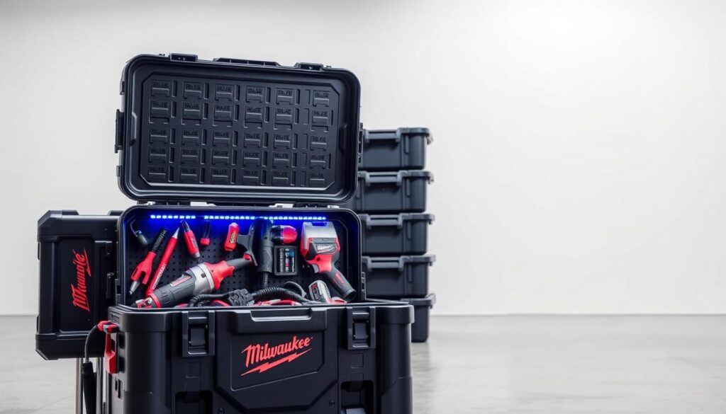 A well-lit, high-resolution product shot of the Milwaukee PACKOUT tool storage system, showcasing the modular design and interlocking components. The foreground features an open PACKOUT toolbox with various power tools and accessories neatly arranged inside. The middle ground displays a stack of PACKOUT containers in a variety of sizes, showcasing the versatility of the system. The background depicts a clean, minimalist workshop setting with a plain white backdrop, allowing the PACKOUT system to be the primary focus. The image conveys the professional, durable, and organized nature of the Milwaukee PACKOUT solution.