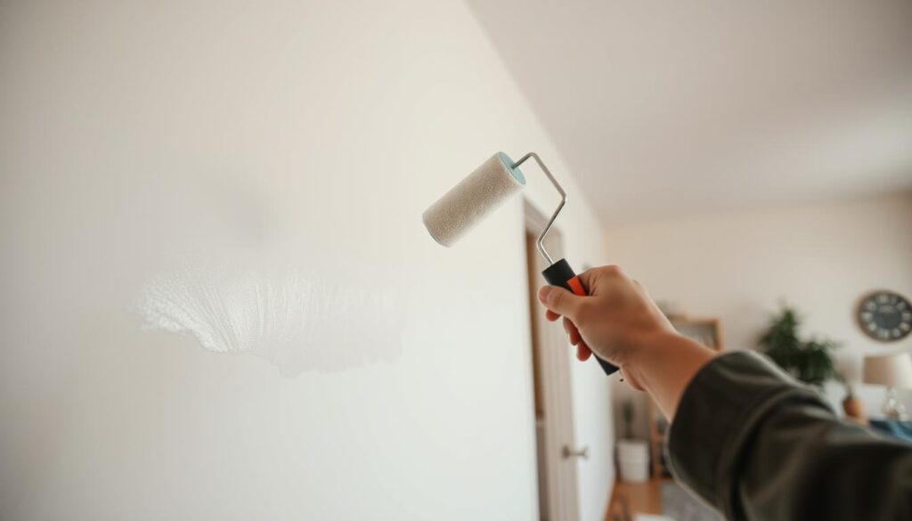 A well-lit interior scene of a person carefully painting the walls of a room. The foreground features a person wielding a paint roller, their movements smooth and precise as they apply a fresh coat of paint to the wall. The middle ground shows the partially painted wall, the new paint glistening under the bright lighting. In the background, the rest of the room is visible, with furniture and other objects in place, suggesting this is the final stage of a home improvement project. The lighting is soft and even, creating a warm, inviting atmosphere. The color palette is muted, with the focus on the act of painting itself. The overall composition emphasizes the care and attention to detail required to achieve a professional-looking finish.