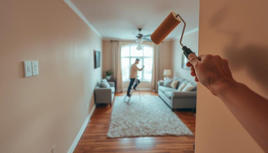 A well-lit interior scene of a person painting the walls of a cozy living room. The foreground features the painter's hands skillfully gliding a paint roller across the wall, leaving a smooth, even coat of a warm, earthy tone. The middle ground shows the painter standing on a small step ladder, carefully maneuvering around electrical outlets and light fixtures. The background depicts a tastefully furnished room with hardwood floors, a plush area rug, and a large window letting in natural light that casts a soft, diffused glow throughout the space. The overall mood is one of focused productivity and a sense of care and attention to detail in the painting process.