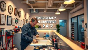 A well-lit interior scene of a professional emergency plumbing service in Liverpool, UK. In the foreground, a skilled plumber in a uniform is repairing a sink, with various plumbing tools and equipment neatly organized around them. In the middle ground, the walls are adorned with certifications and awards, conveying expertise and reliability. The background features a reception area with a welcoming demeanor, with a large "EMERGENCY PLUMBERS 24-7" sign prominently displayed. The lighting is warm and inviting, creating a sense of professionalism and competence. The overall atmosphere evokes a sense of trust and confidence in the plumbing service's ability to handle any emergency situation quickly and effectively.