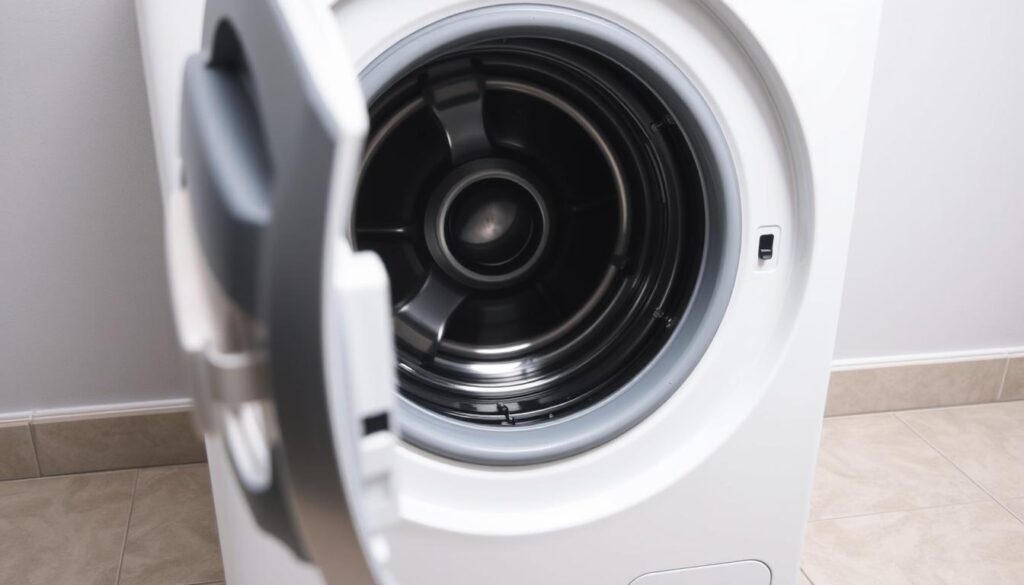 A well-lit interior scene of a washing machine with an open door, revealing the drum inside. The machine is positioned on a tiled floor, with a grey or neutral-colored wall in the background. The drum is visible, and the water level indicator or float switch is clearly visible, allowing the user to assess the water level. The scene conveys a sense of functionality and troubleshooting, with a clean, minimalist aesthetic that complements the article's subject matter.