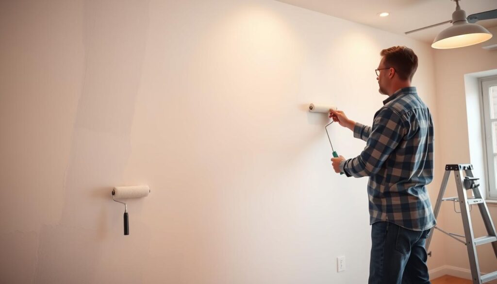 A well-lit interior scene showcasing the process of priming and painting drywall repairs. In the foreground, a person carefully applies a high-quality primer to a freshly patched drywall surface, using a roller and tray. The primer has an even, consistent coverage, creating a smooth, seamless base for the topcoat. In the middle ground, the same person transitions to painting the primed area with a high-quality latex paint, using long, even strokes to ensure uniform coverage. The background features a clean, organized workspace with tools and materials neatly arranged, conveying a sense of professionalism and attention to detail. Soft, warm lighting from overhead fixtures casts a gentle glow, accentuating the texture of the drywall and the sheen of the freshly applied paint. The overall scene exudes a sense of care, precision, and the satisfying process of repairing and revitalizing a drywall surface.