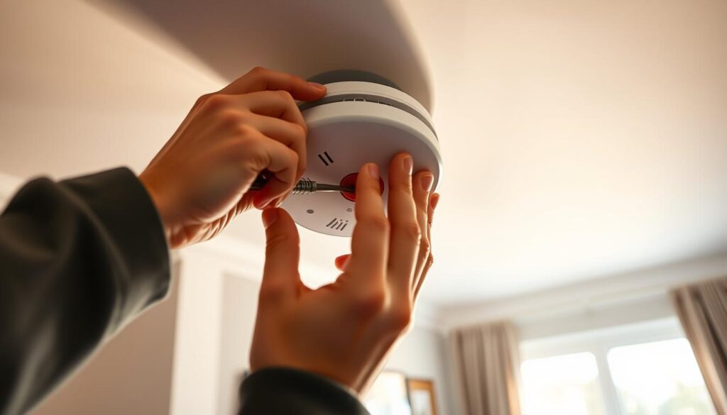 A well-lit interior scene showing the careful installation of a smoke alarm on a ceiling. In the foreground, a pair of hands carefully mounting the alarm using a screwdriver, with the device's sleek white casing and red test button clearly visible. The middle ground reveals the surrounding wall and ceiling, with a clean, modern aesthetic and warm, natural lighting filtering in through a nearby window. In the background, a subtle sense of domestic comfort, perhaps a hint of furniture or decor, establishing the residential setting. The overall mood is one of precision, safety, and attention to detail, capturing the importance of proper smoke alarm installation.
