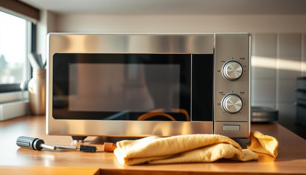 A well-lit interior shot of a kitchen countertop, with a modern stainless steel microwave oven in the center. The microwave's exterior is pristine, with its control panel and door displayed prominently. Surrounding the microwave are various maintenance tools, such as a screwdriver, a small brush, and a cleaning cloth, neatly arranged in an organized manner. The lighting is warm and natural, creating a sense of care and attention to detail. The overall atmosphere conveys a feeling of a proactive, preventative maintenance routine to ensure the microwave's optimal performance and longevity.