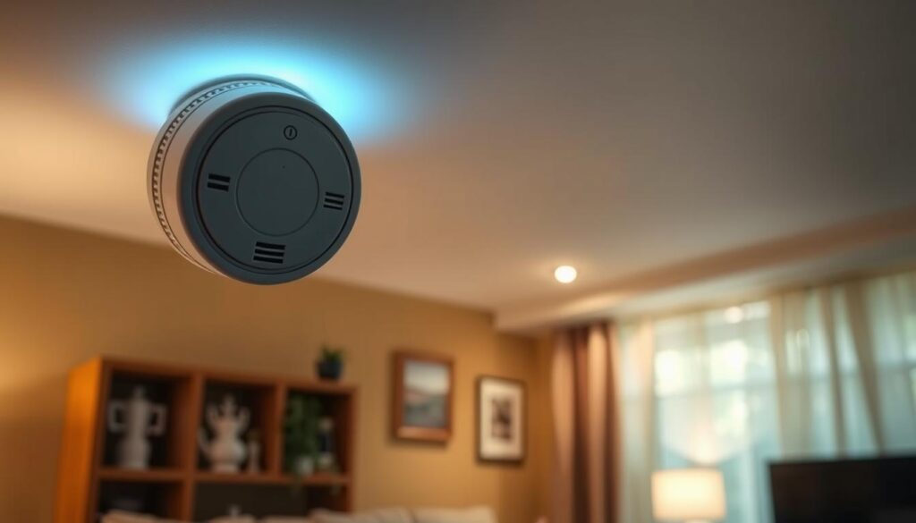 A well-lit interior space, showcasing the strategic placement of a carbon monoxide detector. The detector is prominently displayed, mounted on a wall near the ceiling, casting a soft glow. The background depicts a cozy living room, with warm wooden tones and subtle ambient lighting, conveying a sense of safety and security. The camera angle is slightly elevated, offering a clear view of the detector's position and its integration within the home environment. The overall tone is one of informed, practical guidance, emphasizing the importance of proper carbon monoxide detector installation for maximum protection.
