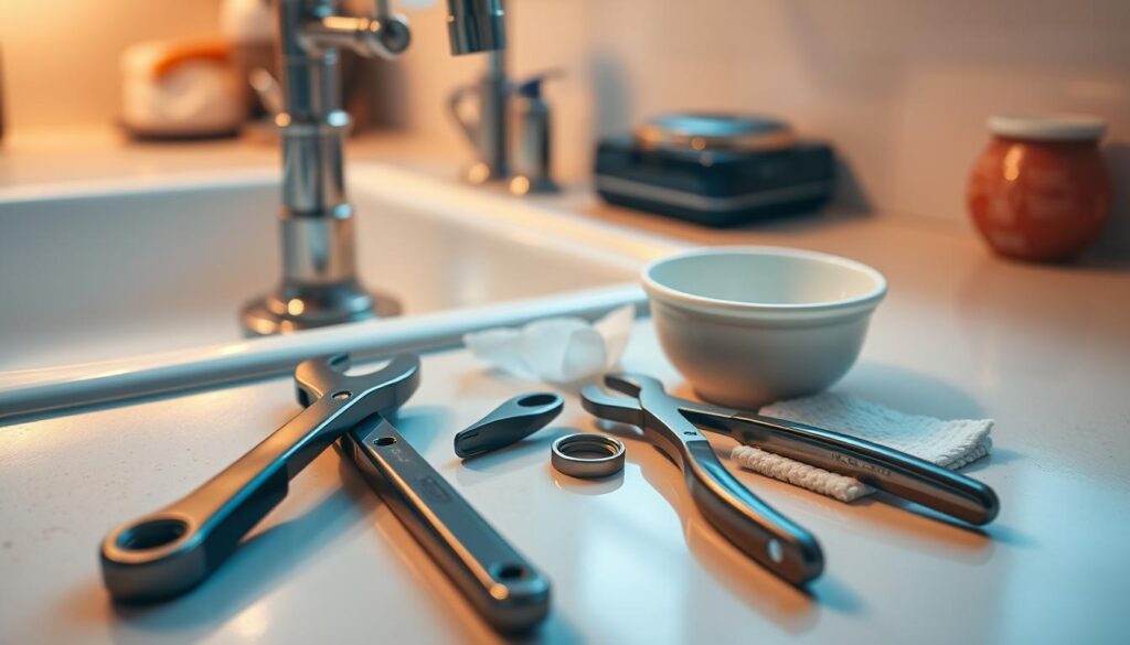 A well-lit kitchen counter, with a faucet and sink in the foreground. On the counter, a set of tools and materials neatly arranged: a wrench, pliers, a new tap washer, a basin, and a cleaning cloth. The lighting is soft and warm, highlighting the textures of the materials. The overall atmosphere is one of calm and focused preparation, setting the stage for a successful tap washer replacement.