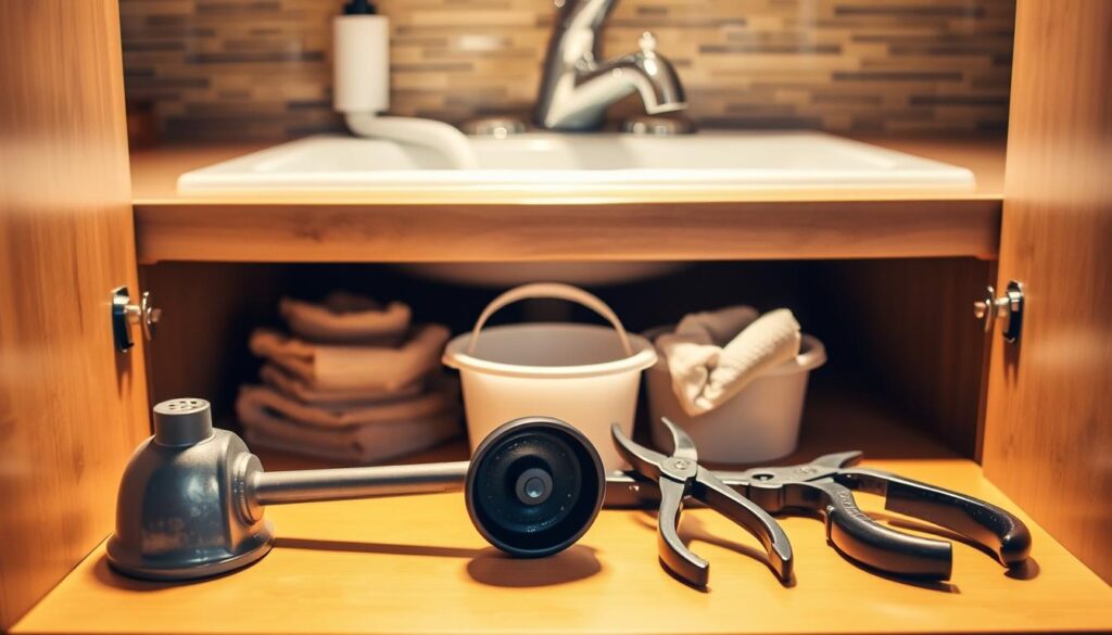 A well-lit kitchen counter, with an open cabinet underneath, revealing a set of essential tools for unblocking a sink drain. In the foreground, a plunger, a drain snake, and a pair of pliers are neatly arranged, their metallic surfaces gleaming under the warm, directional lighting. In the middle ground, a bucket and a few cleaning rags suggest the impending task of clearing the clogged drain. The background features the sink itself, with its chrome faucet and a partially visible countertop, creating a sense of context and purpose for the tools displayed.