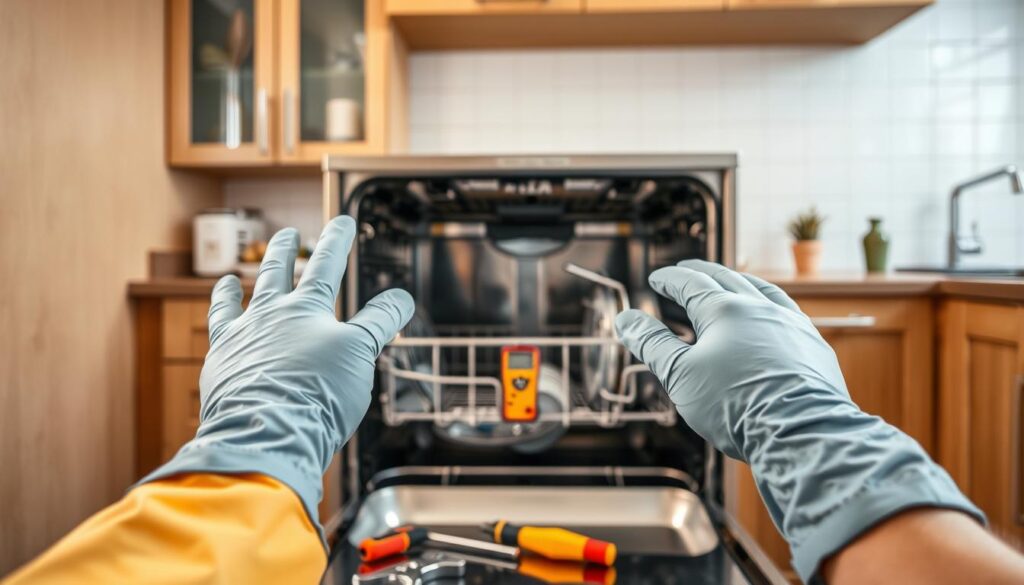 A well-lit kitchen interior, focused on a modern, stainless steel dishwasher. In the foreground, a pair of hands wearing protective rubber gloves are visible, demonstrating safe handling techniques. The middle ground features various dishwasher safety tools, such as a circuit tester, a screwdriver, and a wrench. The background showcases a tidy, organized workspace, with cabinets and a clean, tile backsplash. The overall mood is one of diligence and attention to detail, conveying the importance of following proper safety protocols when repairing a dishwasher.