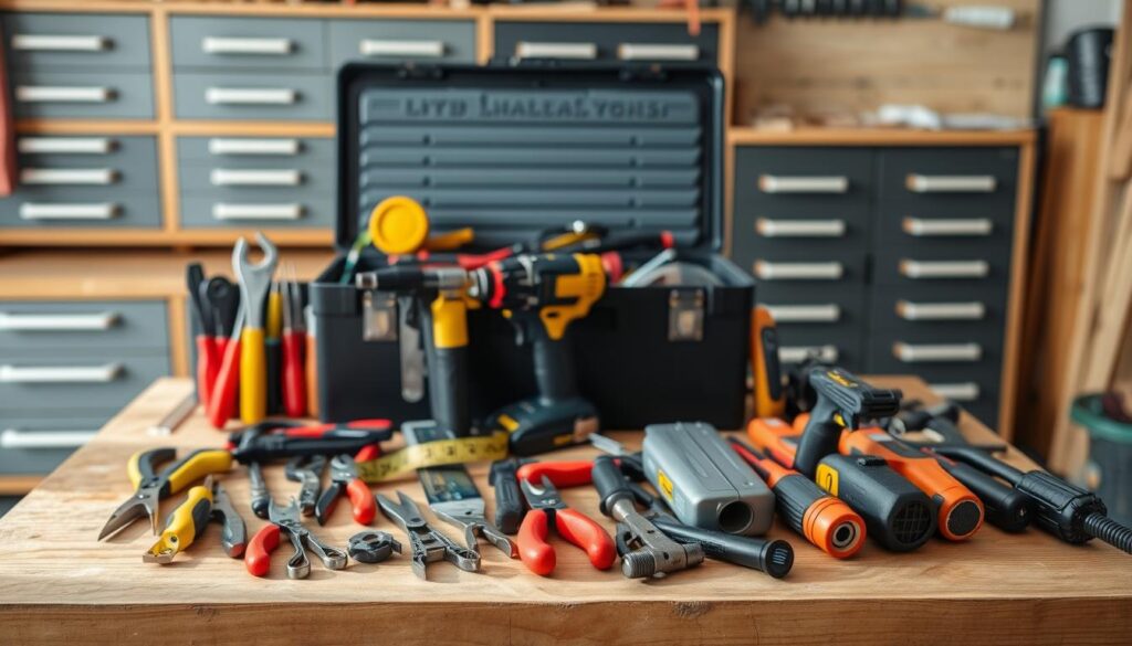 A well-lit, meticulously arranged toolbox sits atop a sturdy wooden workbench. The foreground showcases an assortment of essential tools - pliers, screwdrivers, a hammer, and a tape measure - neatly organized and readily accessible. In the middle ground, a cordless power drill, a jigsaw, and a utility knife stand ready for more demanding tasks. The background features various drawers and compartments, hinting at the comprehensive nature of this homeowner's collection. The overall scene radiates a sense of order, preparedness, and the confidence that comes with having the right tools for any home improvement challenge.