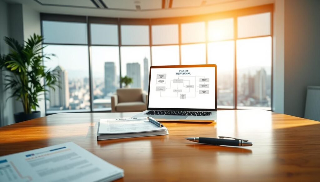 A well-lit, minimalist office setting with a polished, wooden desk in the foreground. On the desk, a stack of documents, a stylish pen, and a laptop open to a screen displaying a clear, intuitive workflow diagram for a client referral process. In the middle ground, a comfortable chair and a potted plant, evoking a professional yet inviting atmosphere. The background features large windows overlooking a scenic cityscape, bathed in warm, natural lighting that casts a soft glow throughout the scene. The overall impression is one of efficiency, organization, and a streamlined approach to cultivating client referrals.