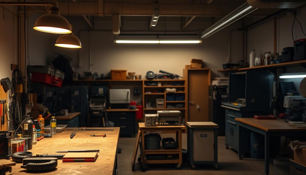A well-lit, organized workshop with focused task lighting, soft ambient illumination, and balanced shadows. The foreground features a sturdy workbench with an array of tools and materials, bathed in a warm, directional glow from overhead lamps. The middle ground showcases various machinery and storage solutions, their surfaces reflecting the diffused lighting. The background blends into a softly-lit, clutter-free zone, creating a sense of depth and visual harmony. The overall atmosphere is one of productivity, efficiency, and attention to detail, with an optimal balance of brightness and shadows to enhance focus and reduce eye strain.