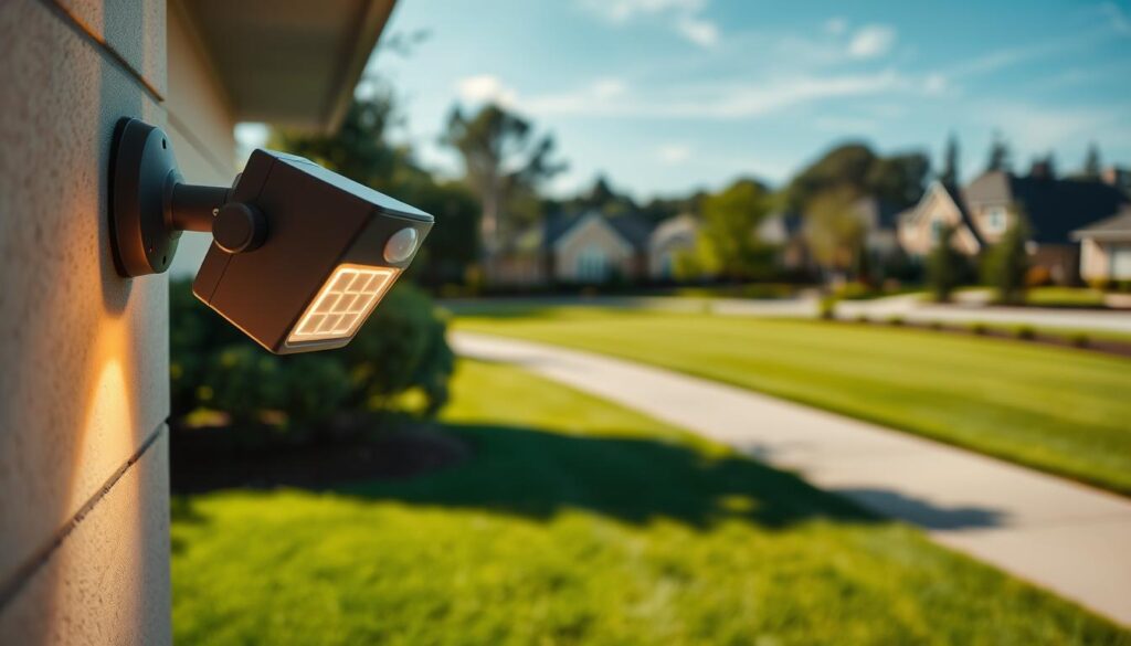 A well-lit outdoor scene showcasing a motion sensor light fixture mounted on a wall. The light is positioned at a 45-degree angle, casting a warm, adjustable beam that illuminates the surrounding area. The fixture features various control knobs and settings, allowing the user to fine-tune the sensitivity, brightness, and delay timer. The middle ground depicts a neatly manicured lawn, while the background features a serene suburban landscape with trees and a clear sky. The overall mood is one of security, convenience, and attention to detail.