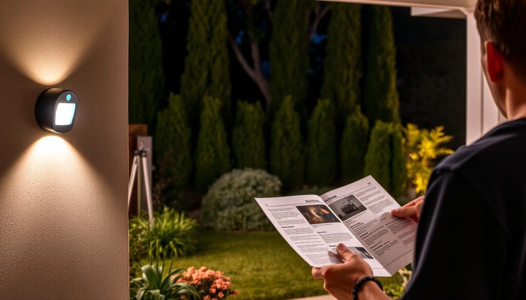 A well-lit outdoor scene with a motion sensor mounted on the wall, casting a soft glow. In the foreground, a person carefully reading installation instructions, highlighting important safety precautions. The middle ground features various tools and hardware necessary for the installation process. In the background, a lush garden setting with towering trees and shrubs, creating a serene and secure atmosphere. The lighting is balanced, with a warm, inviting tone, emphasizing the importance of proper installation and safety considerations for motion-activated outdoor lights.