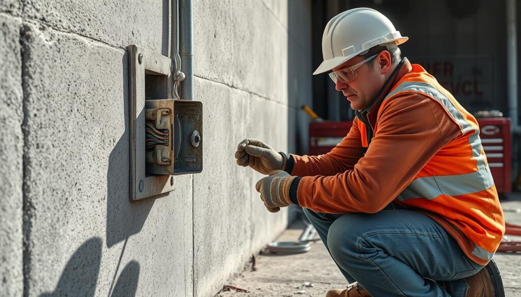 A well-lit, photorealistic scene of a maintenance worker inspecting and securing a section of loose electrical conduit. The worker, wearing a hard hat, safety goggles, and work gloves, is kneeling down to examine the conduit, which is mounted on a concrete wall. The conduit is partially exposed, revealing the internal wiring. In the background, a toolbox and other maintenance equipment are visible, suggesting an active work environment. The lighting is bright and directional, casting shadows that accentuate the details of the scene. The camera angle is slightly elevated, providing a clear view of the worker's actions and the conduit's condition.