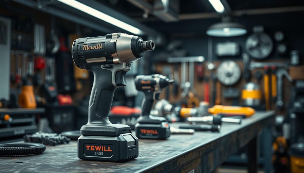 A well-lit professional photography setup showcases a cordless impact wrench on a sturdy workbench. The wrench is positioned prominently in the foreground, its sleek design and brushed metal finish glistening under the soft, directional lighting. In the middle ground, various tools and automotive parts are neatly arranged, hinting at a workshop environment. The background is blurred, creating a sense of depth and focus on the central subject. The overall mood is one of precision, power, and technical excellence, reflecting the high-quality cordless impact wrench at the heart of the scene.