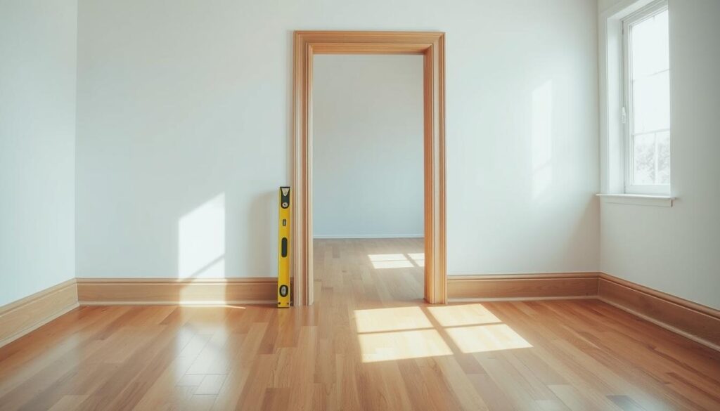 A well-lit room with a misaligned wooden door frame in the center. The frame is slightly off-kilter, with one side slightly higher than the other. A carpenter's level is placed against the frame, precisely measuring the degree of misalignment. The floor is made of hardwood, and natural light streams in through a nearby window, illuminating the scene. The overall mood is one of focused attention and careful assessment, as the homeowner tries to diagnose the specific problem with the door frame before attempting to realign it.