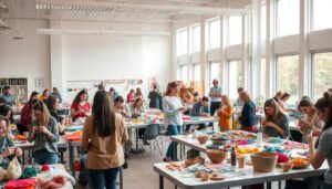 A well-lit, spacious classroom filled with people engaged in various DIY craft activities. In the foreground, a group of students intently focused on their work - knitting, weaving, or sculpting clay. In the middle ground, tables are scattered with an array of colorful materials and tools, creating a vibrant, creative atmosphere. The background reveals large windows that flood the space with natural light, casting a warm, inviting glow. The room has a modern, airy feel, with minimalist decor that allows the crafts to take center stage. An experienced instructor moves among the students, offering guidance and encouragement. The overall scene conveys a sense of community, collaboration, and the joy of learning new artistic skills.