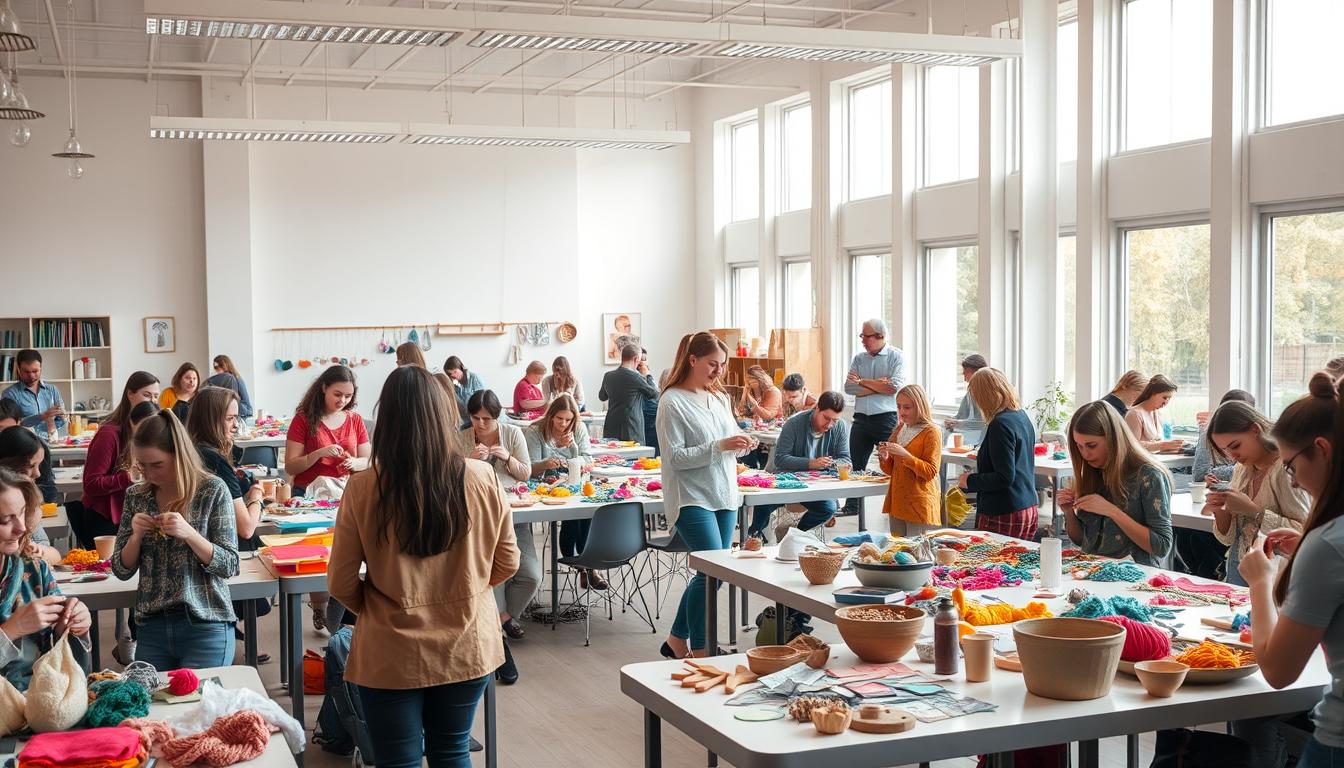 A well-lit, spacious classroom filled with people engaged in various DIY craft activities. In the foreground, a group of students intently focused on their work - knitting, weaving, or sculpting clay. In the middle ground, tables are scattered with an array of colorful materials and tools, creating a vibrant, creative atmosphere. The background reveals large windows that flood the space with natural light, casting a warm, inviting glow. The room has a modern, airy feel, with minimalist decor that allows the crafts to take center stage. An experienced instructor moves among the students, offering guidance and encouragement. The overall scene conveys a sense of community, collaboration, and the joy of learning new artistic skills.