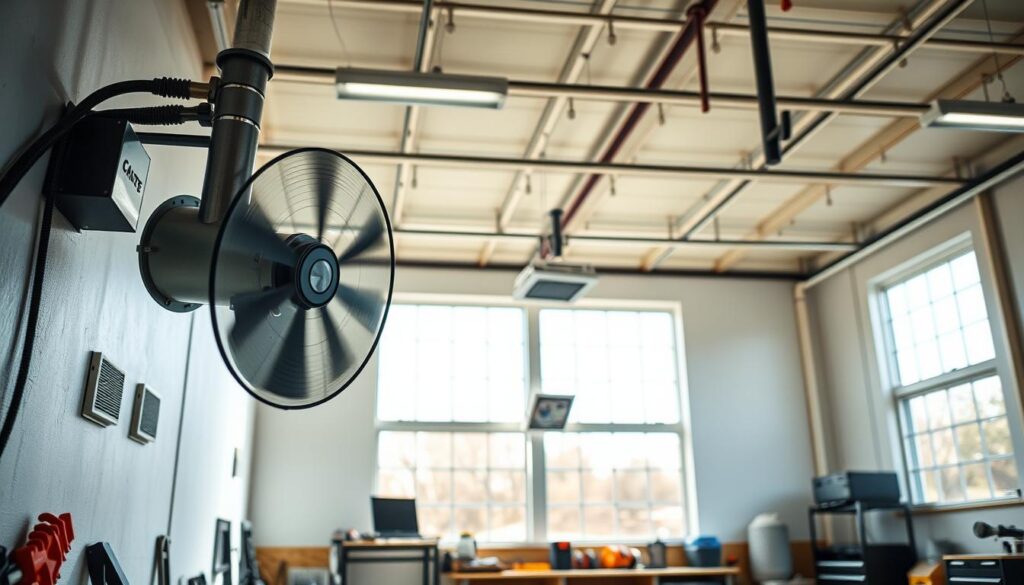 A well-lit, spacious garage workshop with a focus on efficient ventilation. In the foreground, a powerful exhaust fan is mounted on the wall, its blades spinning to draw out fumes and stale air. The middle ground features a series of strategically placed vents, strategically positioned to ensure a consistent airflow throughout the space. The background showcases large, open windows that flood the area with natural light and allow for cross-ventilation. The overall atmosphere is one of organization, functionality, and a commitment to maintaining a safe, healthy work environment.