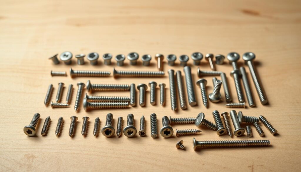 A well-lit studio photograph showing an assortment of British wood screws arranged on a plain wooden surface. The screws should be the main focus, showcasing their diverse shapes, sizes, and head types, including countersunk, round, and flat heads. The screws should be neatly organized in rows, with a sense of depth and perspective to highlight their differences. The lighting should be soft and even, casting subtle shadows to accentuate the textures and details of the screws. The background should be clean and neutral, allowing the screws to stand out prominently.