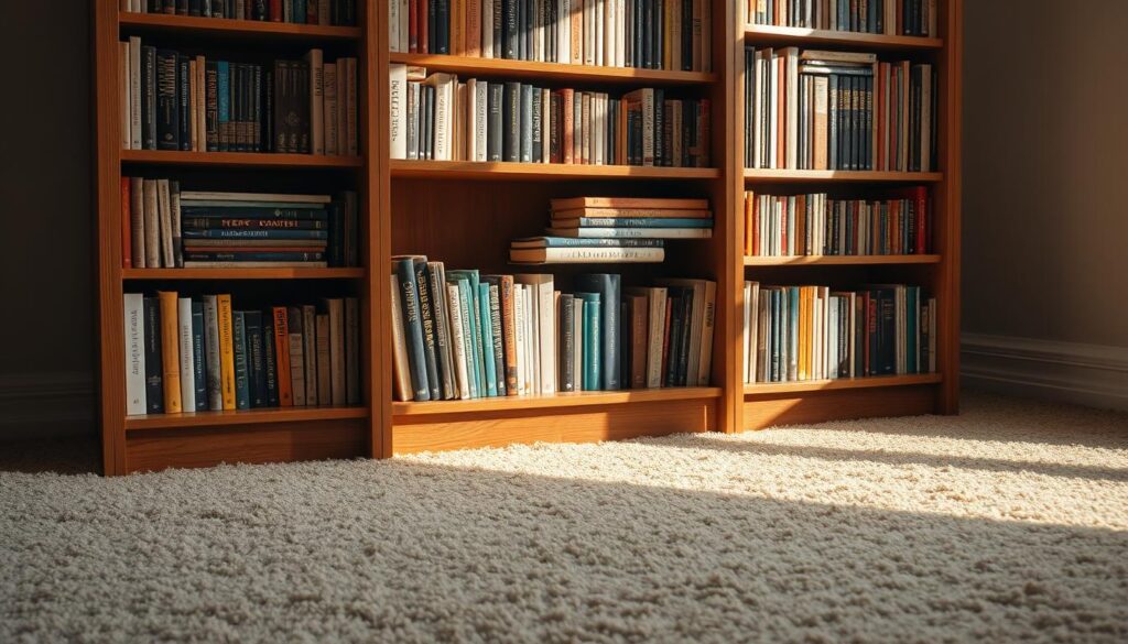 A well-lit, wooden bookcase standing on a plush, beige carpeted floor. The bookcase is filled with hardcover books of various sizes and colors, neatly arranged. The shelves are slightly angled, creating a visually interesting composition. The lighting casts warm, natural shadows, highlighting the texture of the wood and the soft fibers of the carpet. The scene conveys a sense of order and comfort, suitable for a cozy home office or study. The camera angle is slightly elevated, providing a clear view of the bookcase and its surroundings.