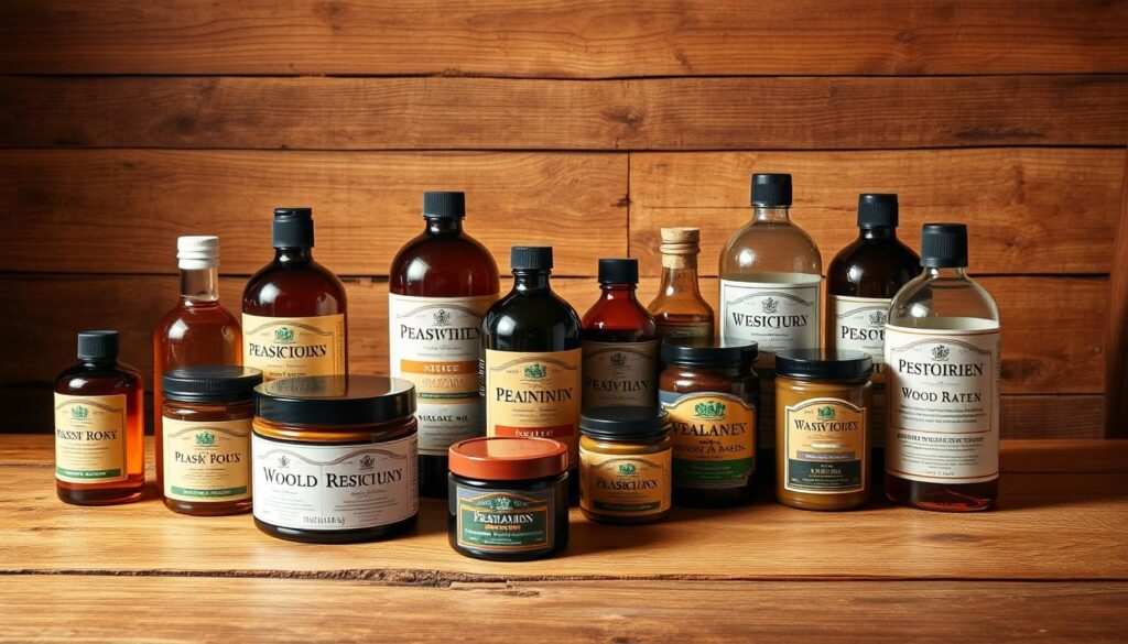 A well-lit wooden table showcasing an array of wood restoration products: a selection of polishing oils, varnishes, and natural waxes in glass bottles and jars. The products are arranged artfully, their labels facing the camera, against a backdrop of warm, rustic wood planks. Soft shadows and highlights accentuate the textures and finishes, creating a sense of depth and materiality. The overall mood is one of craftsmanship, care, and the promise of reviving tired, faded wood surfaces.