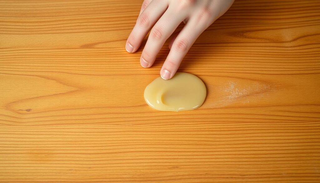 A well-lit wooden table with a medium-sized scratch along the surface. The table is made of rich, warm-toned wood with a slightly worn, weathered appearance. A hand gently applies a layer of clear, soft wax onto the scratch, smoothing it out and blending it seamlessly into the surrounding wood grain. The wax has a subtle sheen, reflecting the gentle studio lighting above. The table is photographed from a slight angle, capturing the texture and depth of the wood in crisp detail. The overall mood is one of calm, focused repair, conveying the satisfying DIY process of restoring a beloved piece of furniture.