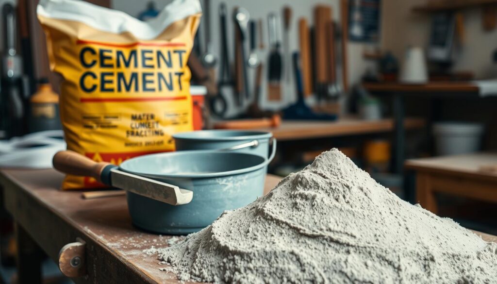 A well-lit workbench with a bag of cement, a bucket of water, and a sturdy mixing trowel. In the foreground, a pile of freshly mixed concrete with a smooth, even texture. The background features a clean, organized workshop with various tools and materials. The lighting is warm and natural, creating a sense of focus and attention to detail. The overall composition conveys a methodical, hands-on approach to mixing small batches of concrete, as per the article's subject and section title.