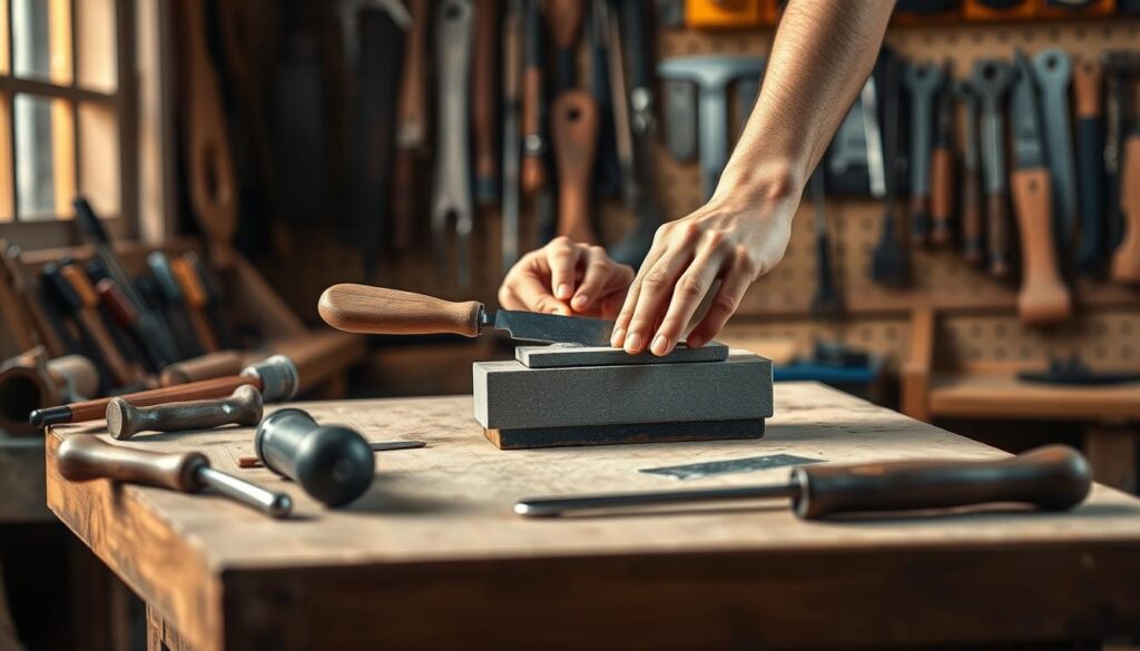 A well-lit workshop, a sturdy workbench in the foreground, various hand tools arranged neatly. In the center, a person's hands carefully guiding a sharpening stone over the blade of a chisel, meticulously honing the edge. Warm lighting casts subtle shadows, emphasizing the precise movements. The background features a pegboard with an assortment of tools, conveying a sense of organization and a practical, hands-on environment. The overall scene exudes a focused, serene atmosphere, inviting the viewer to engage in the process of sharpening hand tools at home.