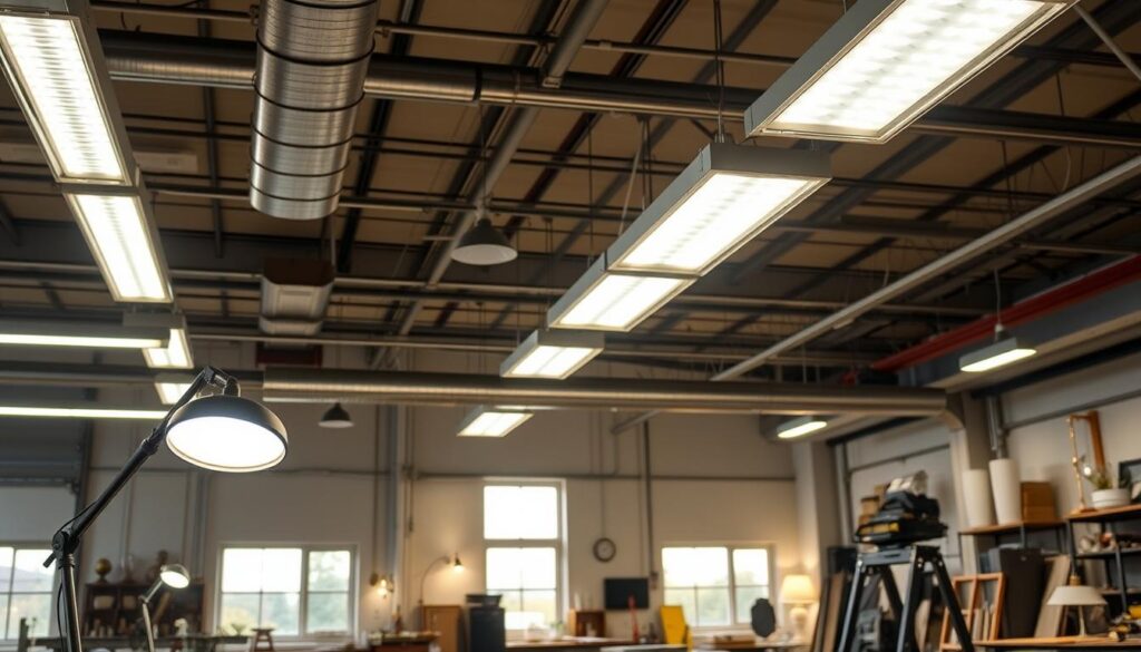 A well-lit workshop, illuminated by a mix of overhead industrial lighting and strategically placed task lamps. The scene showcases a variety of lighting solutions, including sleek, modern LED fixtures mounted on the ceiling, providing a bright, uniform glow across the space. In the foreground, a sturdy workbench is illuminated by a flexible, adjustable task lamp, allowing for precise lighting control during detailed work. The middle ground features a combination of wall-mounted sconces and floor lamps, creating a warm, ambient atmosphere that complements the task-oriented lighting. In the background, large windows allow natural daylight to filter in, blending seamlessly with the artificial lighting to create a harmonious, productive environment.