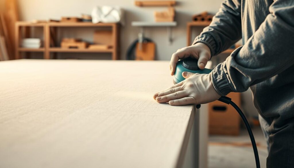 A well-lit workshop interior, a worker sanding drywall with a handheld sanding tool, their hands and arms in focus. The drywall surface is smooth and evenly textured, with a soft, matte finish. The background is blurred, with shelves of tools and supplies visible. Warm lighting casts subtle shadows, creating depth and highlighting the sanding technique. The scene conveys the methodical process of achieving a polished, professional drywall finish.